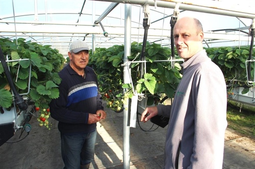 CVBB-voorlichter Kris Dhaese van pcfruit (rechts) ging op bezoek bij Vic en Marleen (niet op de foto) Hannosset - Nicolaï uit Zepperen, die investeerden in hergebruik van drainwater.